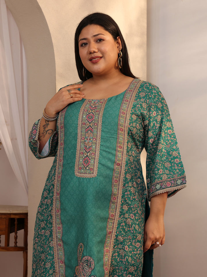 Plus Size Teal Printed Silk blend Straight Suit Set With Dupatta