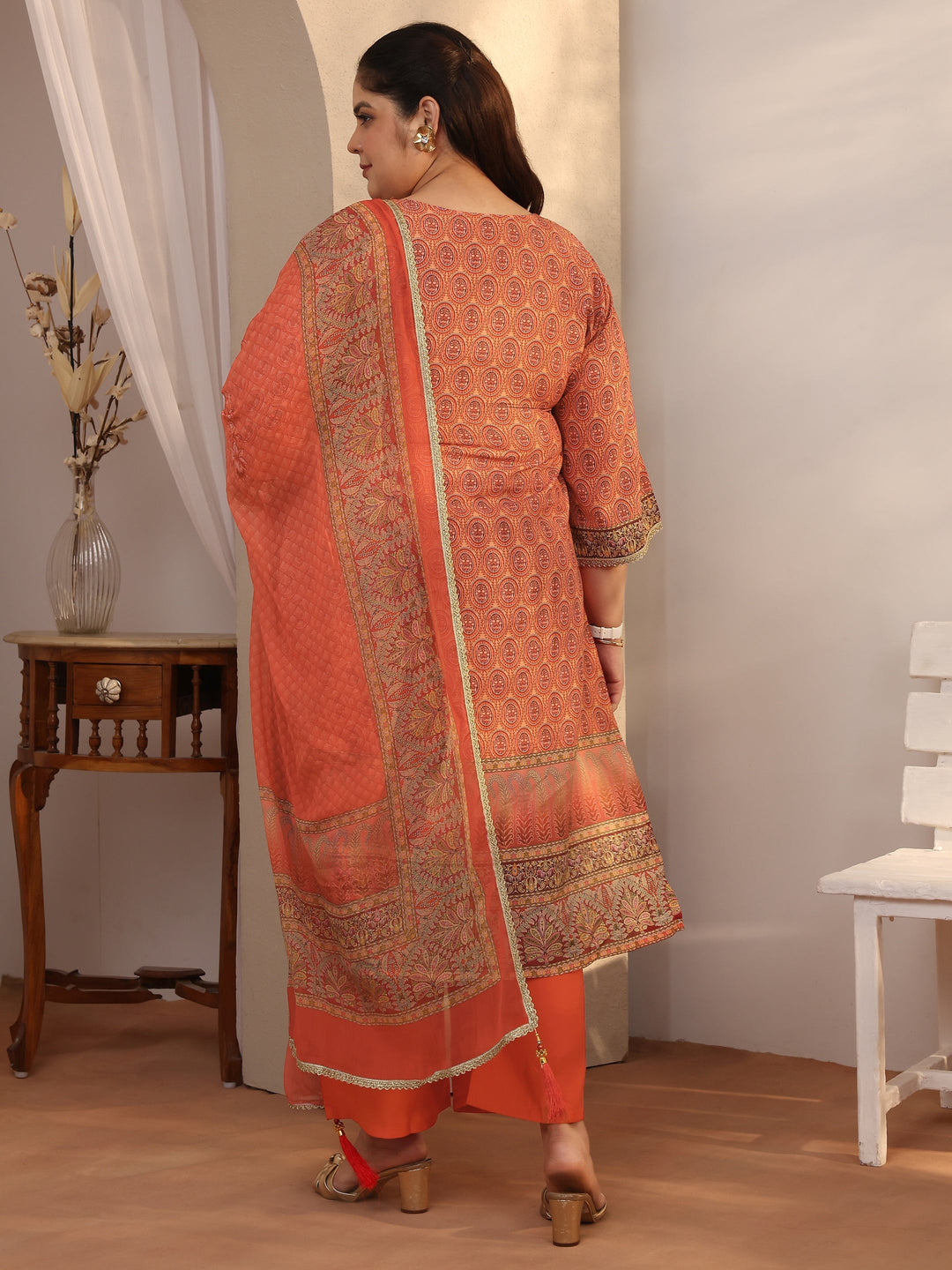 Plus Size Orange Printed Silk blend Straight Suit Set With Dupatta