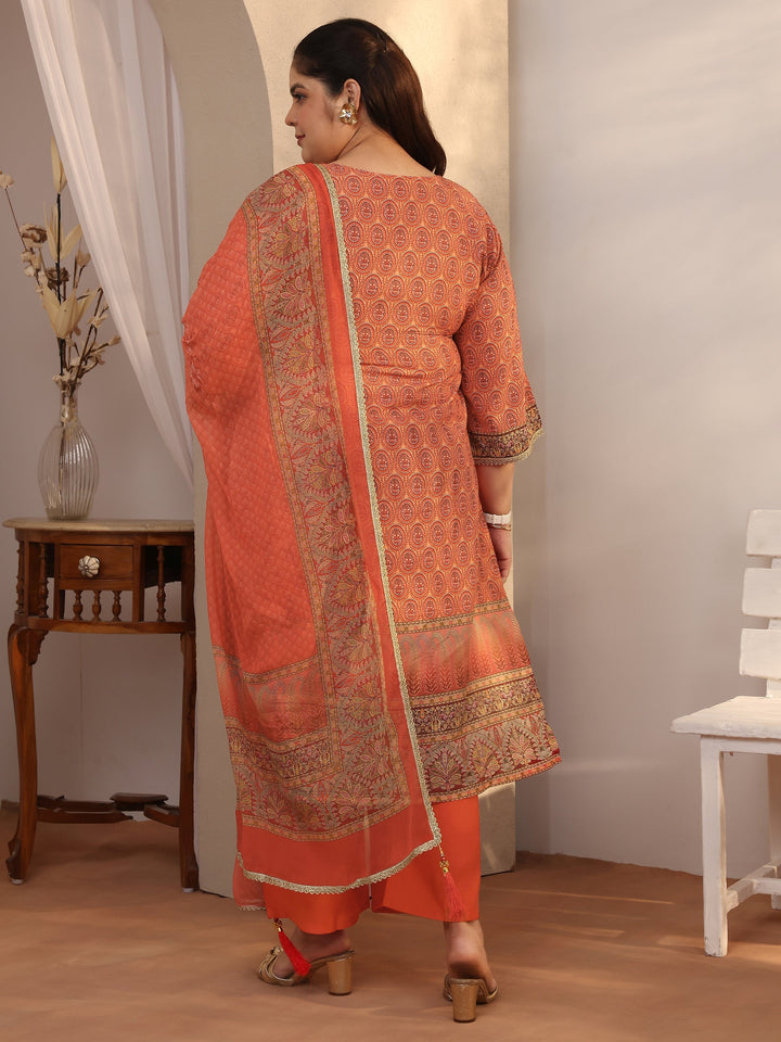 Plus Size Orange Printed Silk blend Straight Suit Set With Dupatta
