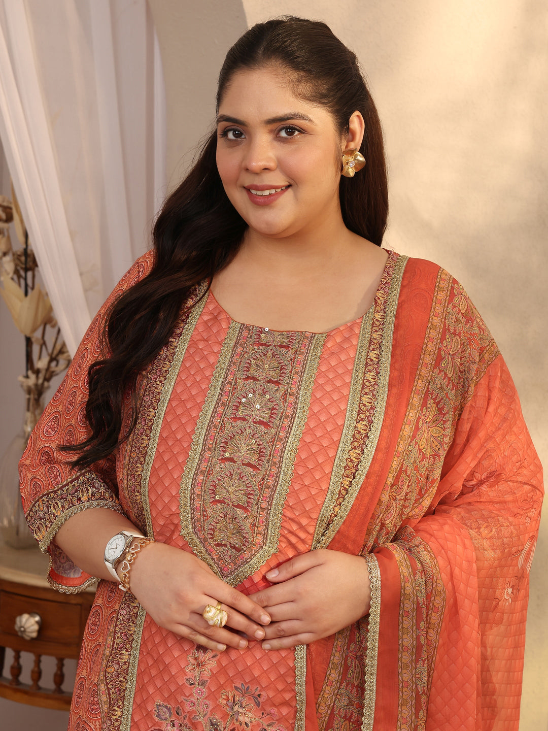 Plus Size Orange Printed Silk blend Straight Suit Set With Dupatta