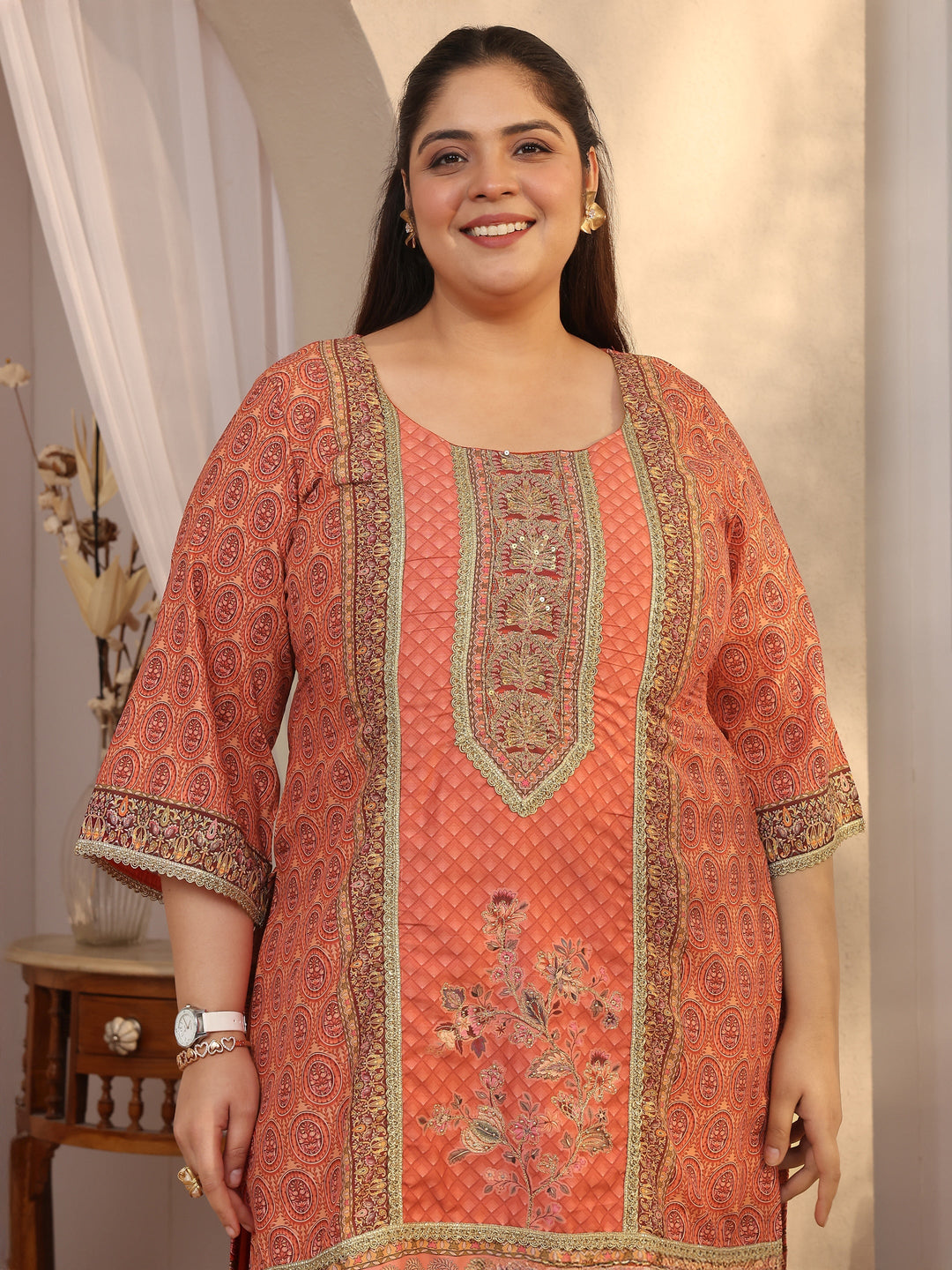 Plus Size Orange Printed Silk blend Straight Suit Set With Dupatta