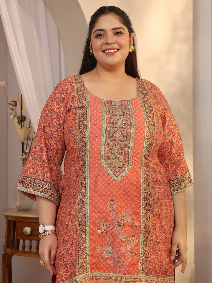 Plus Size Orange Printed Silk blend Straight Suit Set With Dupatta