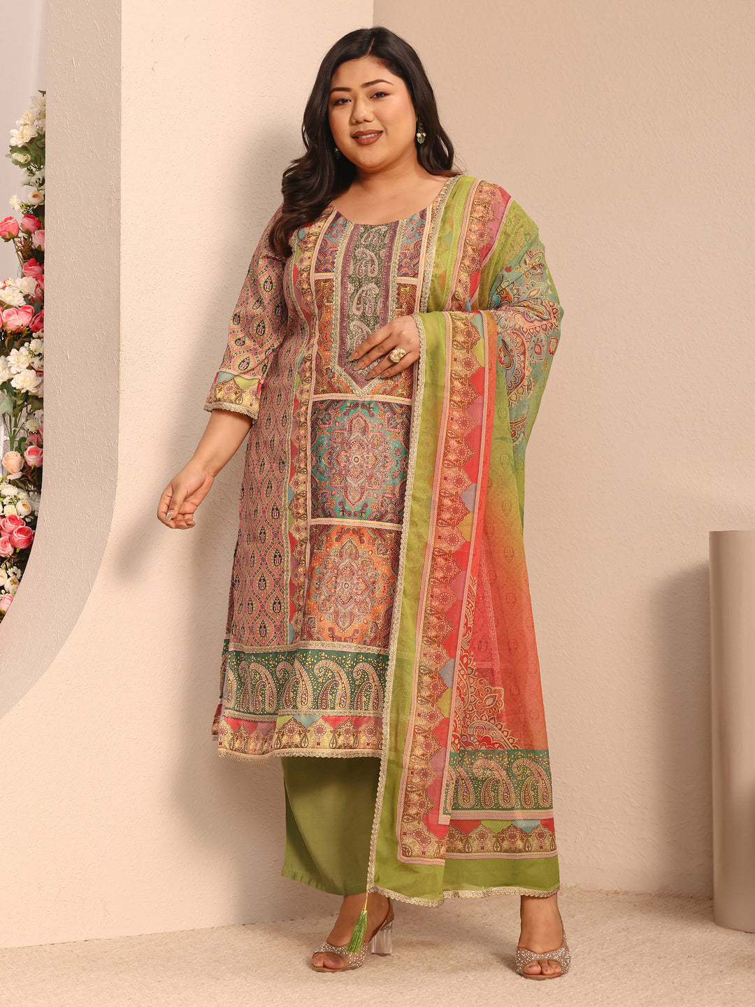 Plus Size Multi Printed Silk blend Straight Suit Set With Dupatta