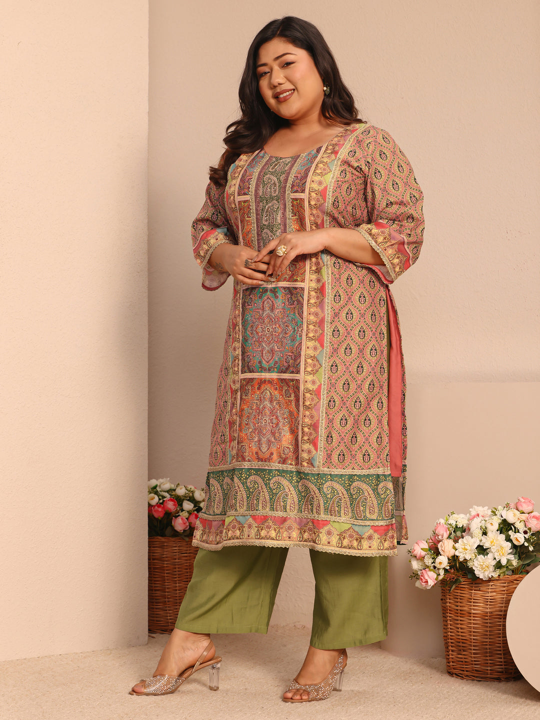 Plus Size Multi Printed Silk blend Straight Suit Set With Dupatta