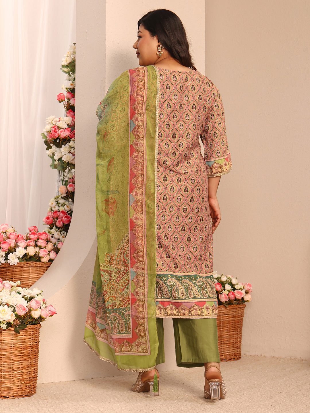 Plus Size Multi Printed Silk blend Straight Suit Set With Dupatta