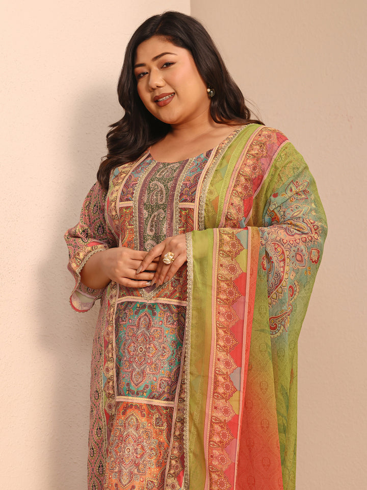 Plus Size Multi Printed Silk blend Straight Suit Set With Dupatta