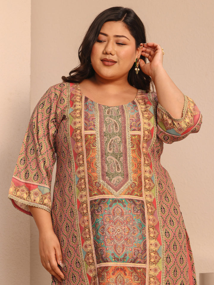 Plus Size Multi Printed Silk blend Straight Suit Set With Dupatta