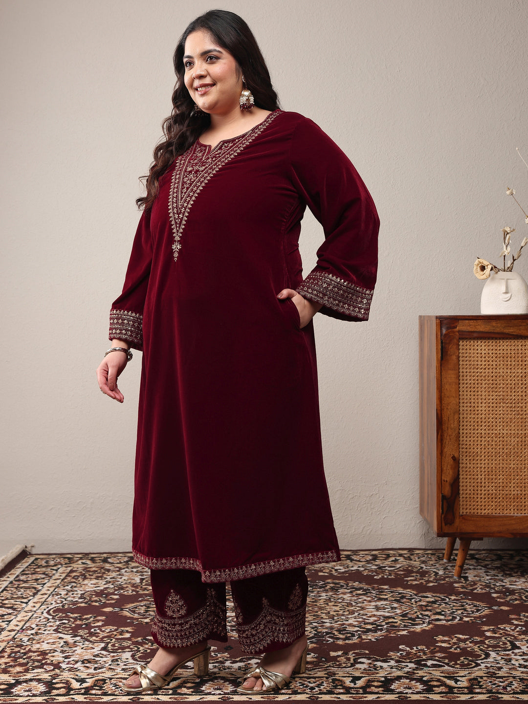 Plus Size Red Embroidered Velvet Straight Suit Set With Dupatta