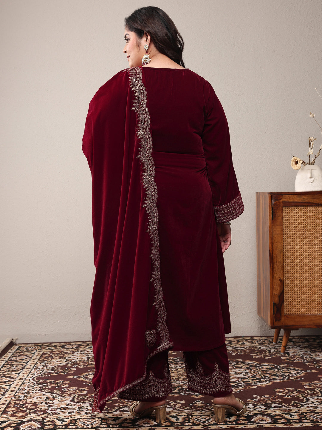 Plus Size Red Embroidered Velvet Straight Suit Set With Dupatta