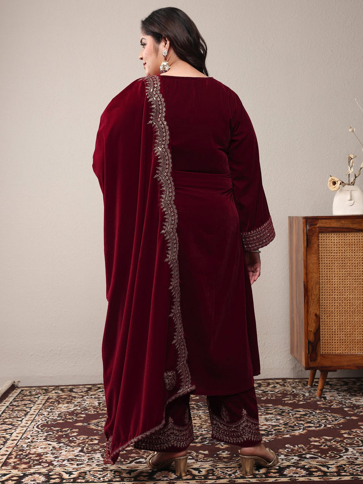 Plus Size Red Embroidered Velvet Straight Suit Set With Dupatta