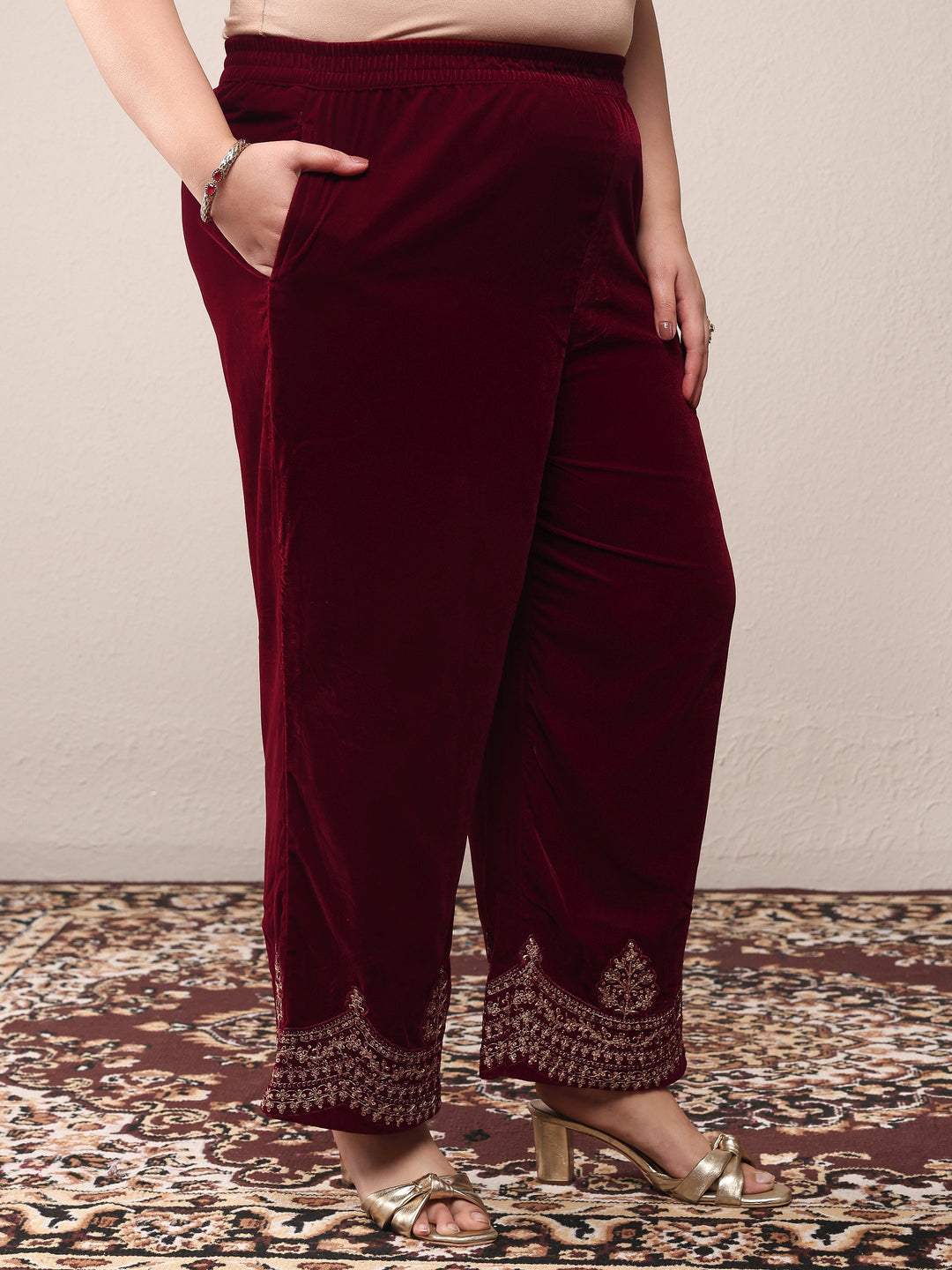 Plus Size Red Embroidered Velvet Straight Suit Set With Dupatta
