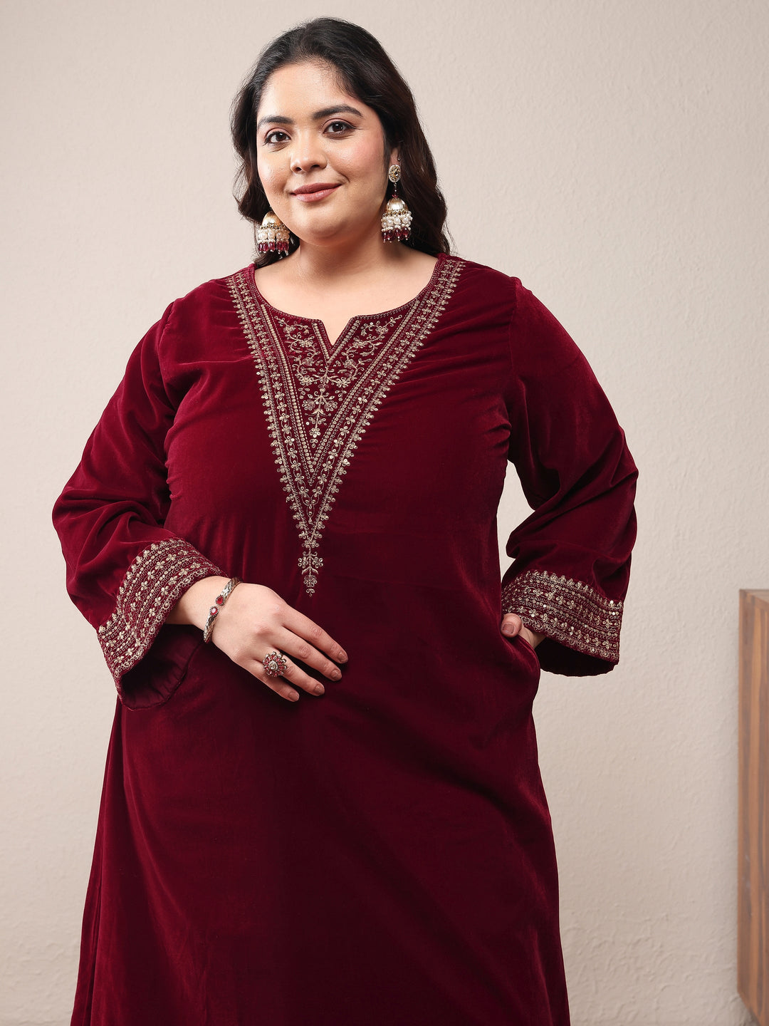 Plus Size Red Embroidered Velvet Straight Suit Set With Dupatta