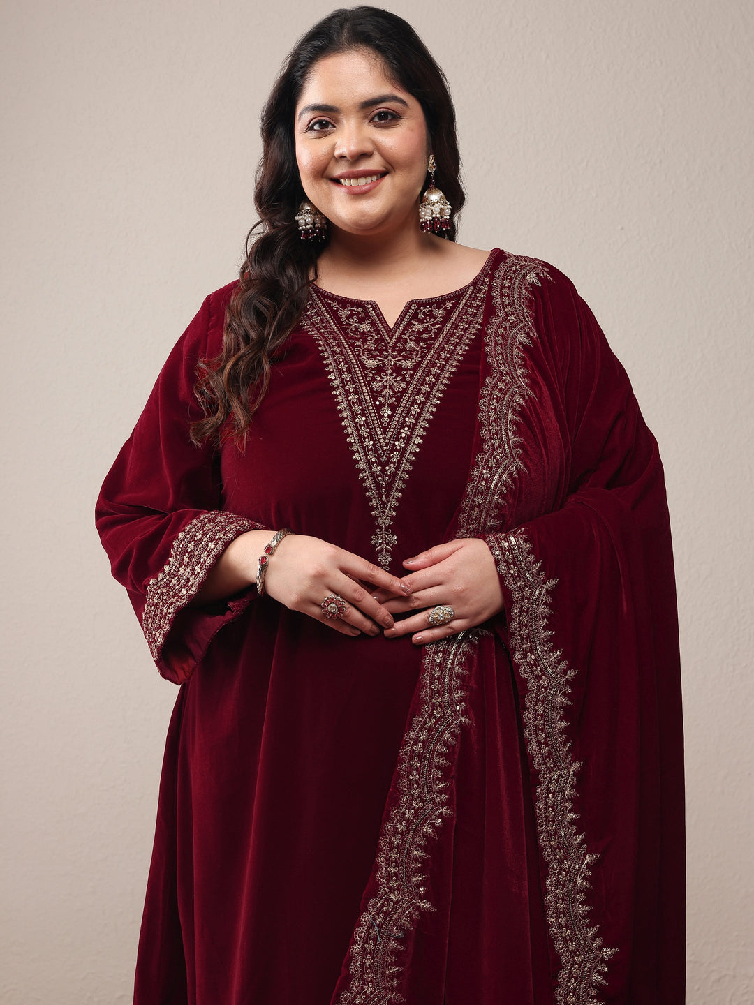 Plus Size Red Embroidered Velvet Straight Suit Set With Dupatta