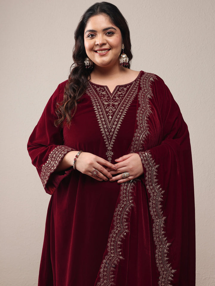 Plus Size Red Embroidered Velvet Straight Suit Set With Dupatta
