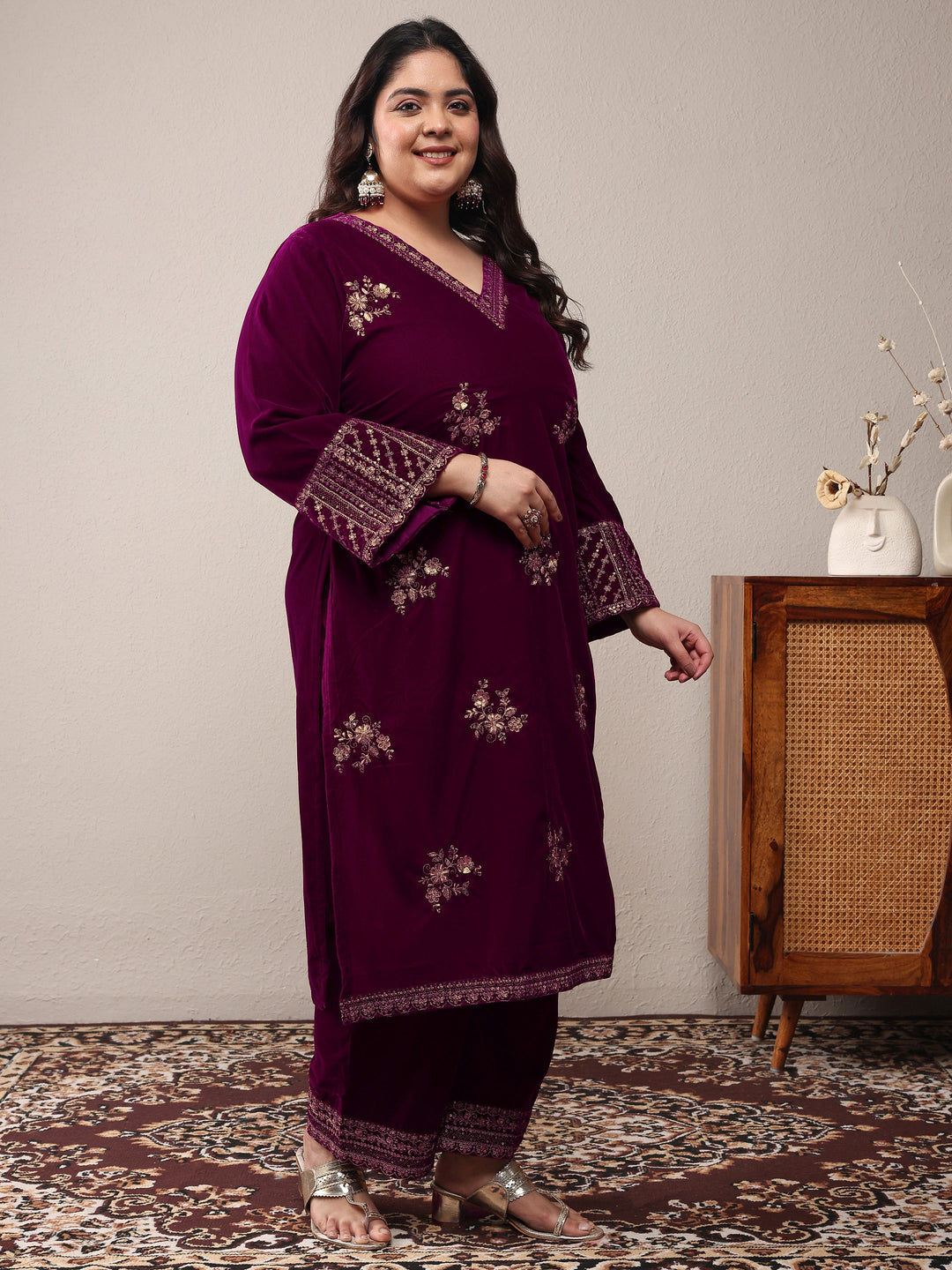 Plus Size Magenta Embroidered Velvet Straight Suit Set With Dupatta