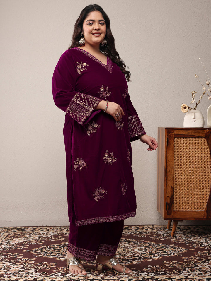 Plus Size Magenta Embroidered Velvet Straight Suit Set With Dupatta