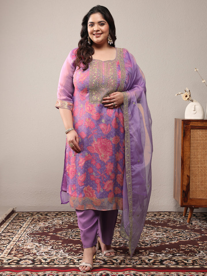 Plus Size Lavender Printed Silk Blend Straight Suit Set With Dupatta