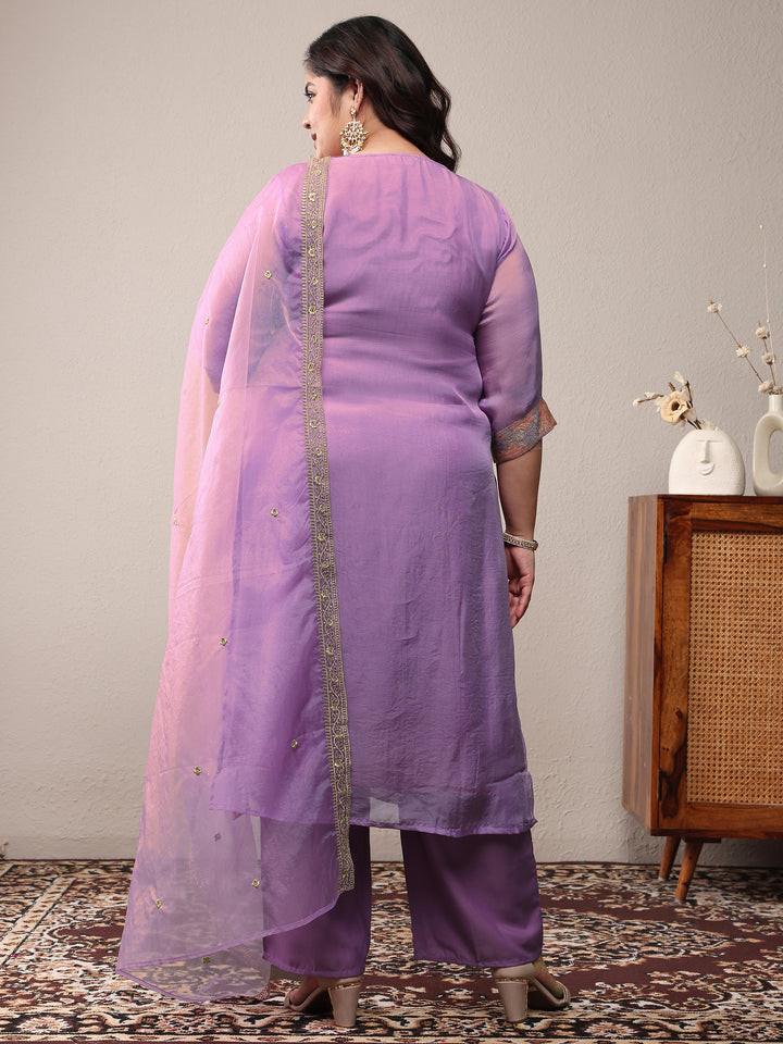 Plus Size Lavender Printed Silk Blend Straight Suit Set With Dupatta