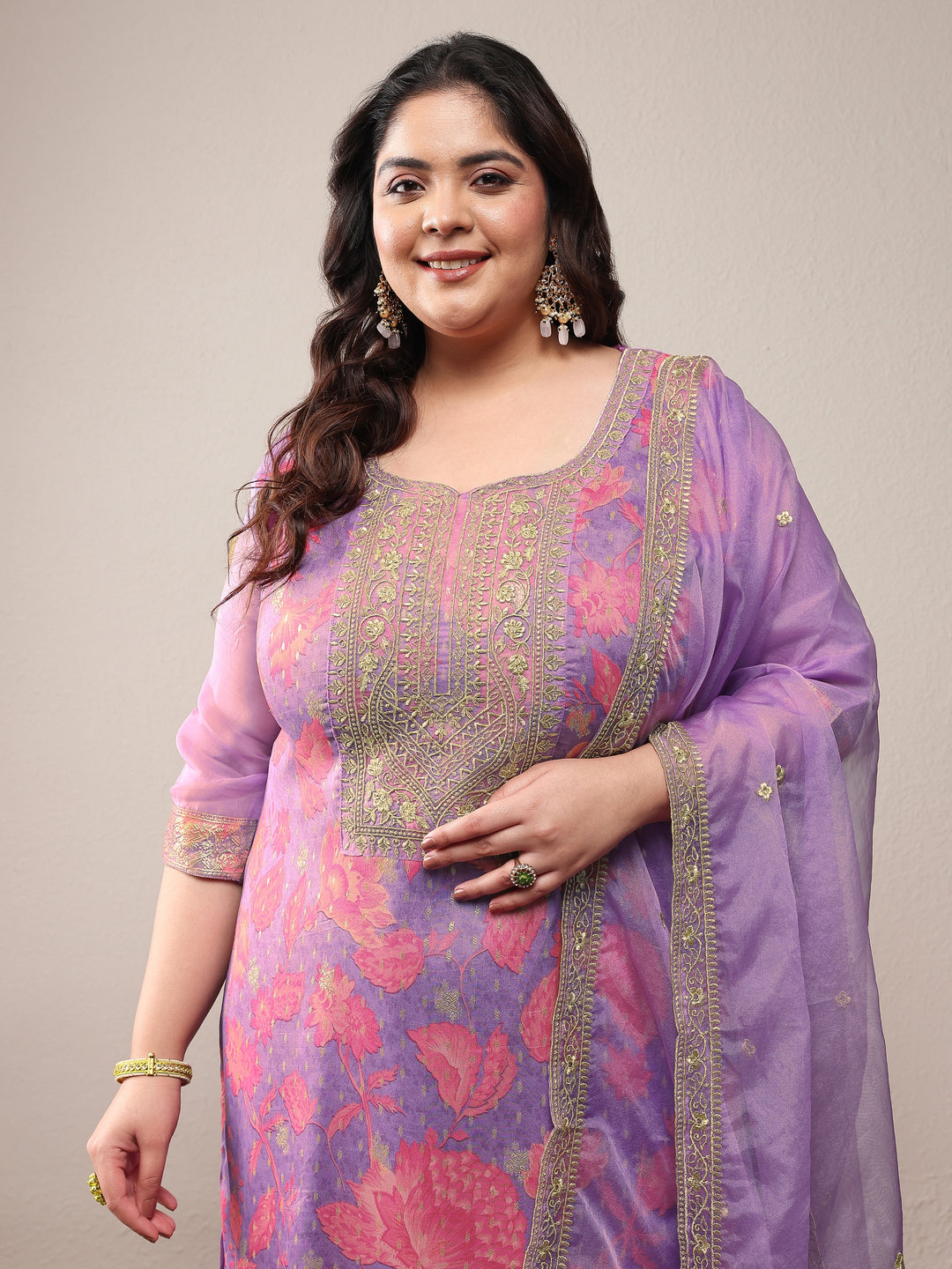 Plus Size Lavender Printed Silk Blend Straight Suit Set With Dupatta