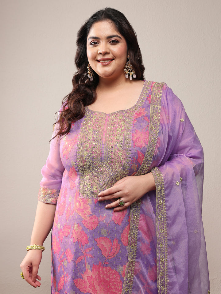 Plus Size Lavender Printed Silk Blend Straight Suit Set With Dupatta