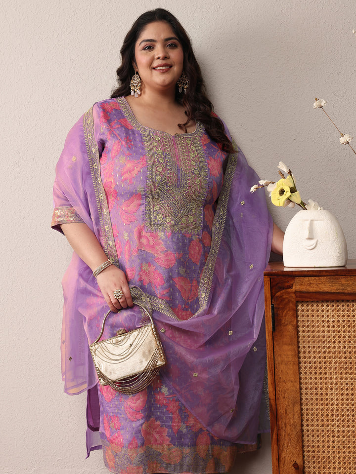 Plus Size Lavender Printed Silk Blend Straight Suit Set With Dupatta