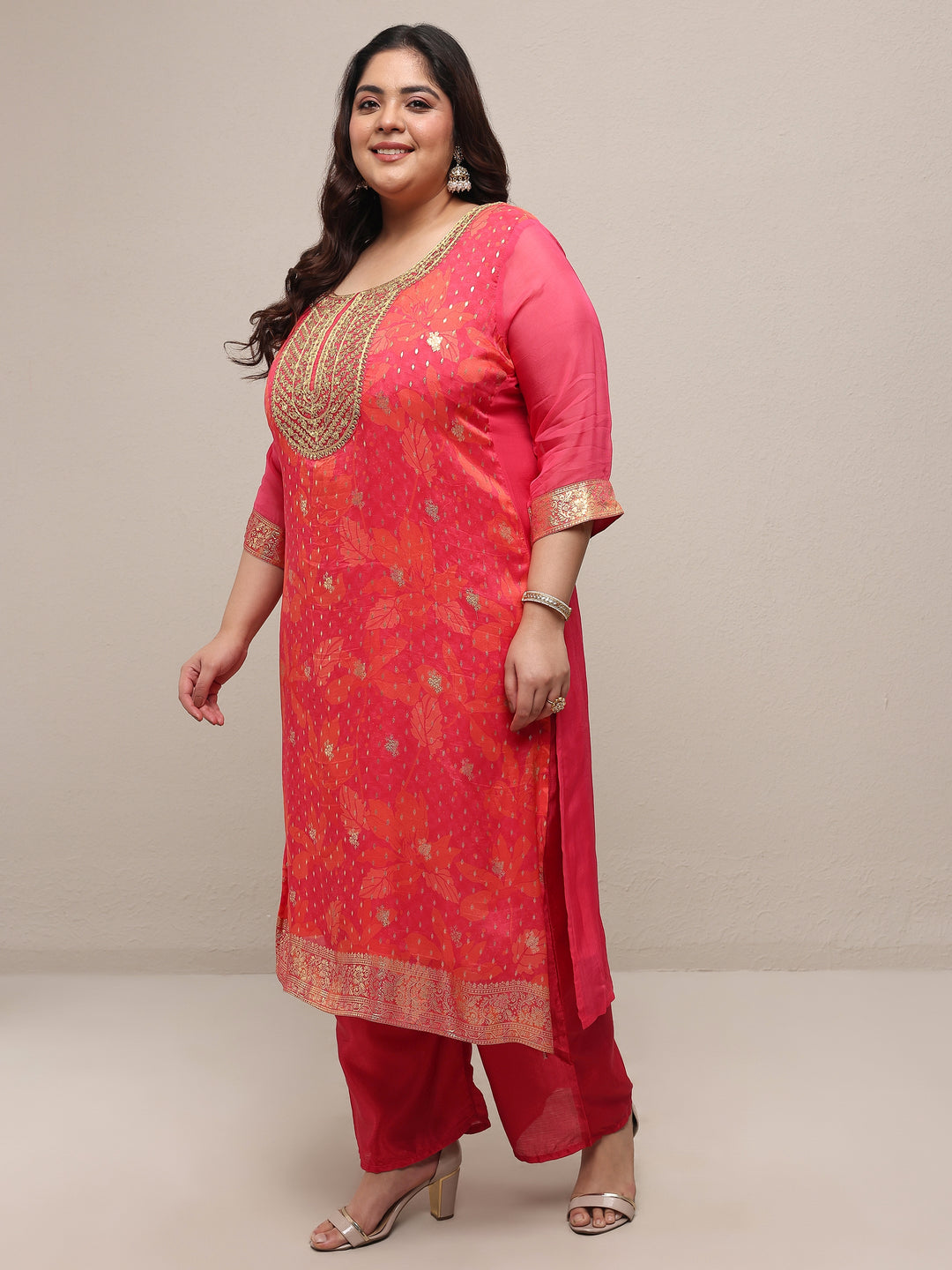 Plus Size Pink Printed Silk Blend Straight Suit Set With Dupatta