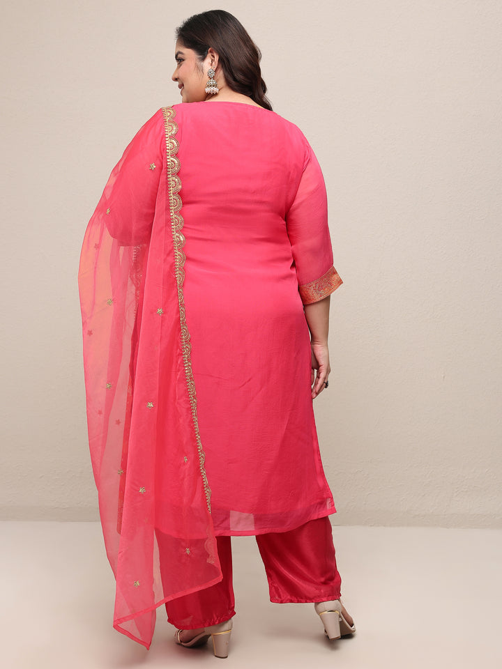 Plus Size Pink Printed Silk Blend Straight Suit Set With Dupatta
