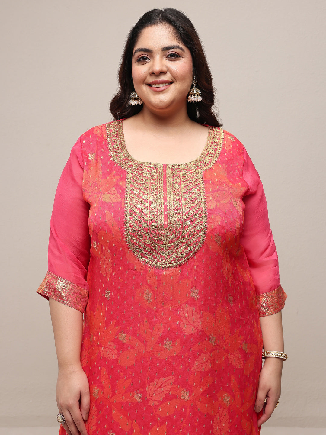 Plus Size Pink Printed Silk Blend Straight Suit Set With Dupatta
