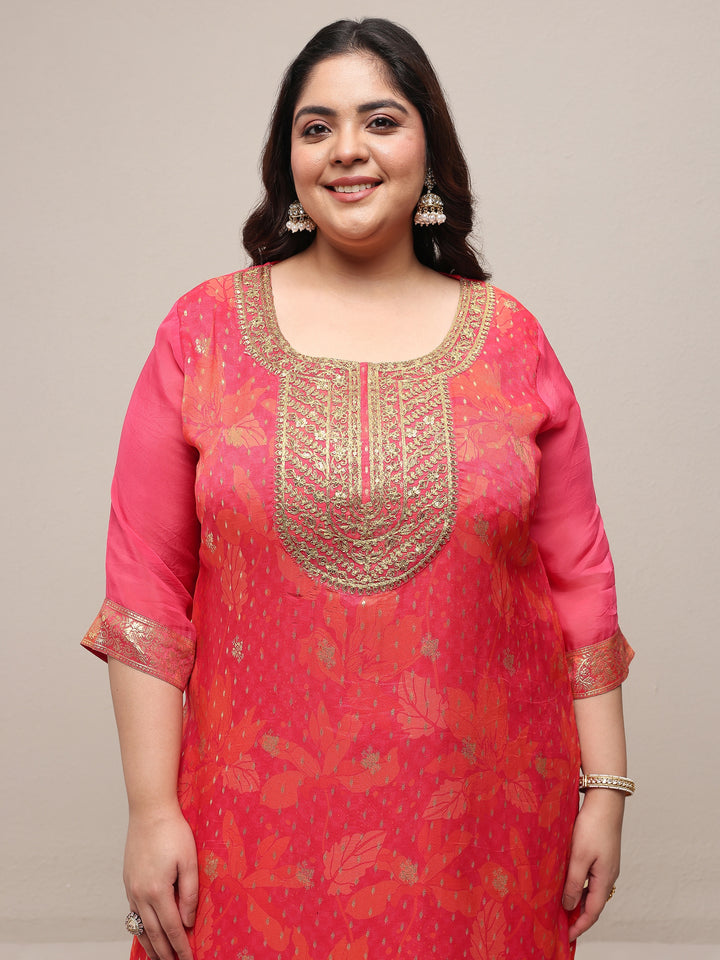 Plus Size Pink Printed Silk Blend Straight Suit Set With Dupatta