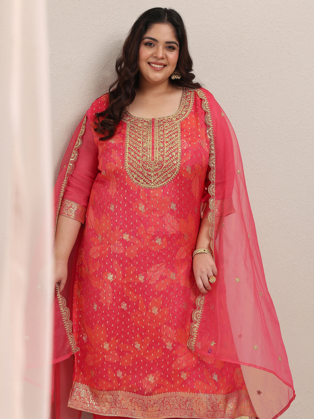 Plus Size Pink Printed Silk Blend Straight Suit Set With Dupatta