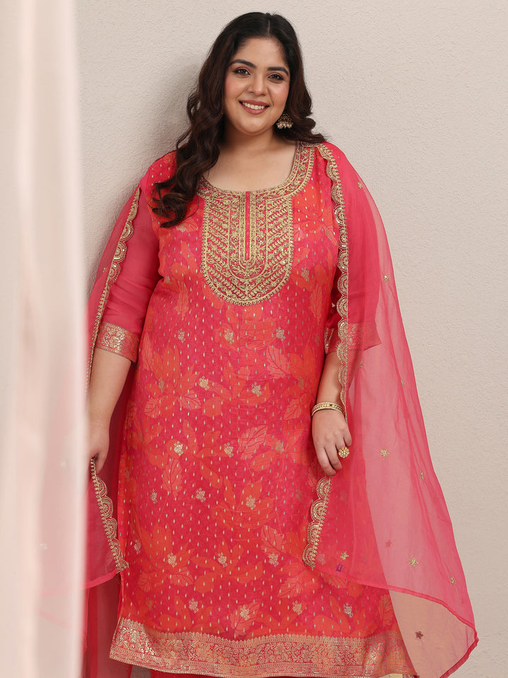 Plus Size Pink Printed Silk Blend Straight Suit Set With Dupatta
