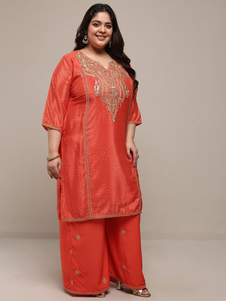 Plus Size Red Bandhani Printed Silk Blend Straight Suit Set With Dupatta