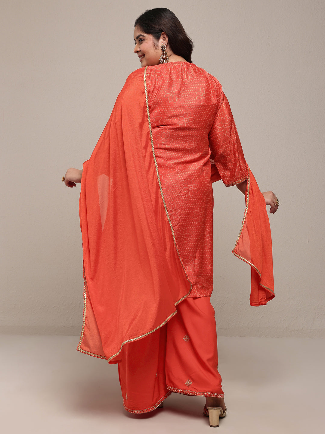 Plus Size Red Bandhani Printed Silk Blend Straight Suit Set With Dupatta