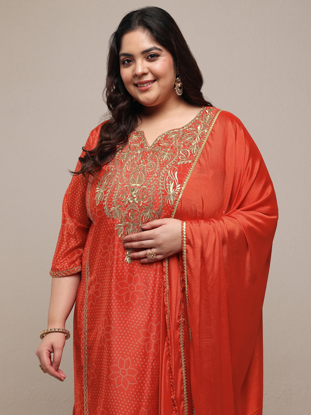 Plus Size Red Bandhani Printed Silk Blend Straight Suit Set With Dupatta