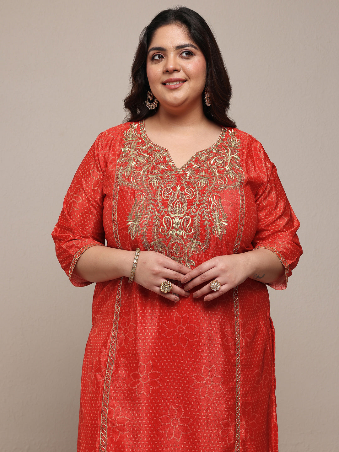 Plus Size Red Bandhani Printed Silk Blend Straight Suit Set With Dupatta