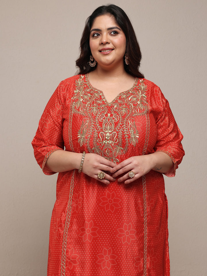 Plus Size Red Bandhani Printed Silk Blend Straight Suit Set With Dupatta
