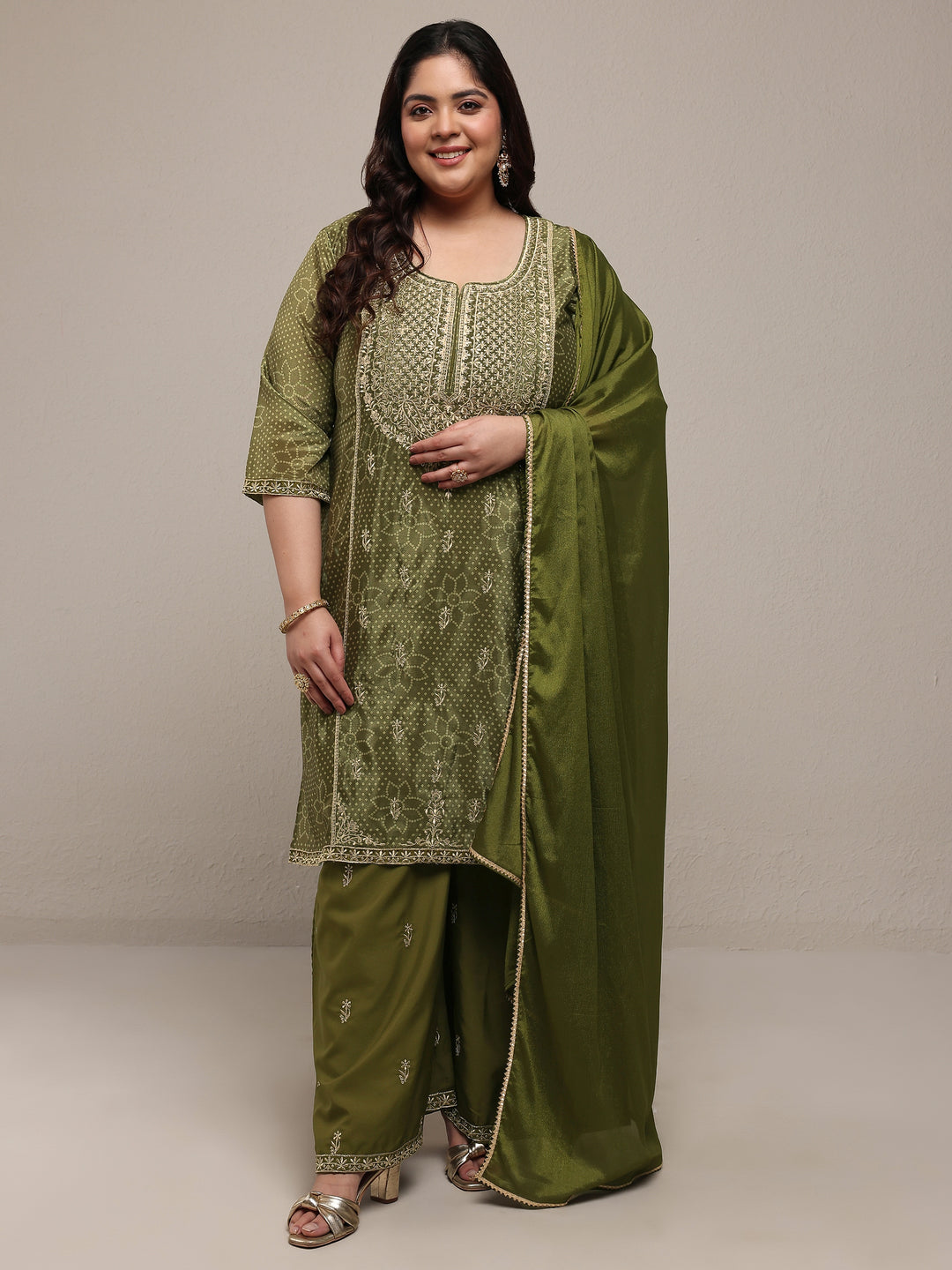 Plus Size Olive Bandhani Embroidered Silk Blend Straight Suit Set With Dupatta
