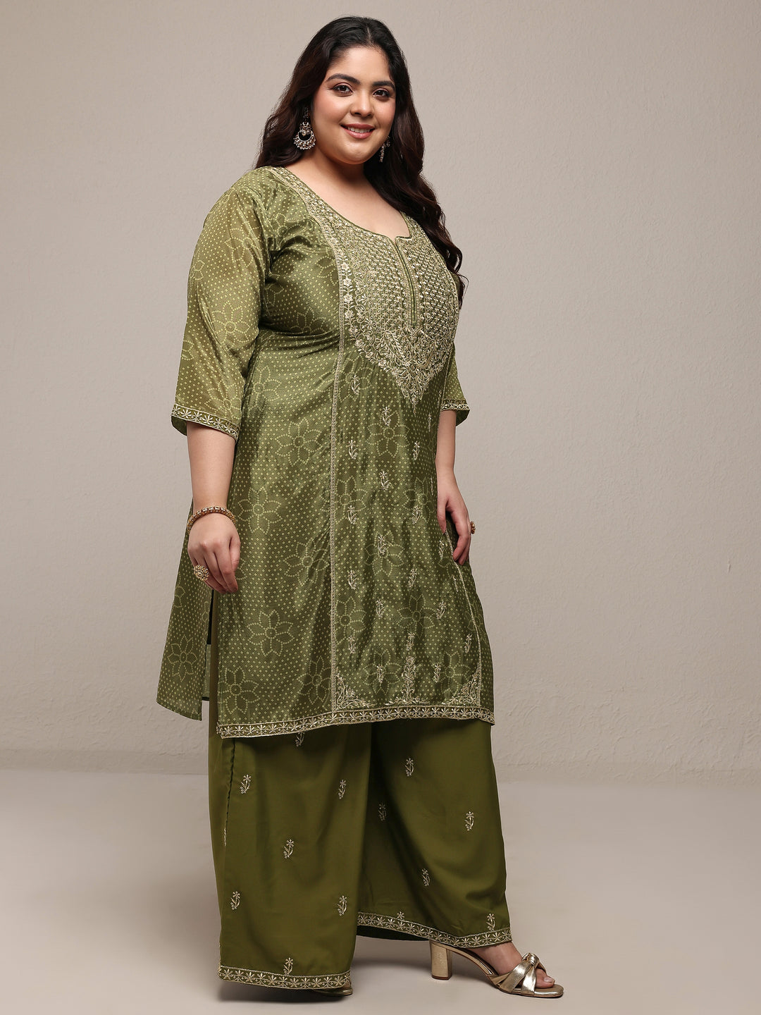 Plus Size Olive Bandhani Embroidered Silk Blend Straight Suit Set With Dupatta