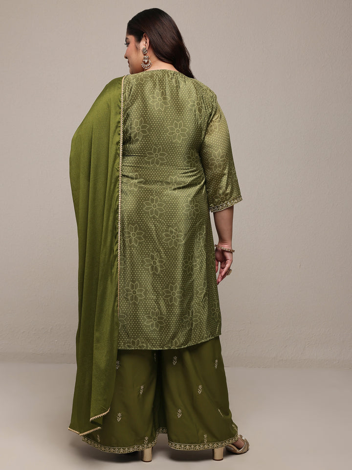 Plus Size Olive Bandhani Embroidered Silk Blend Straight Suit Set With Dupatta