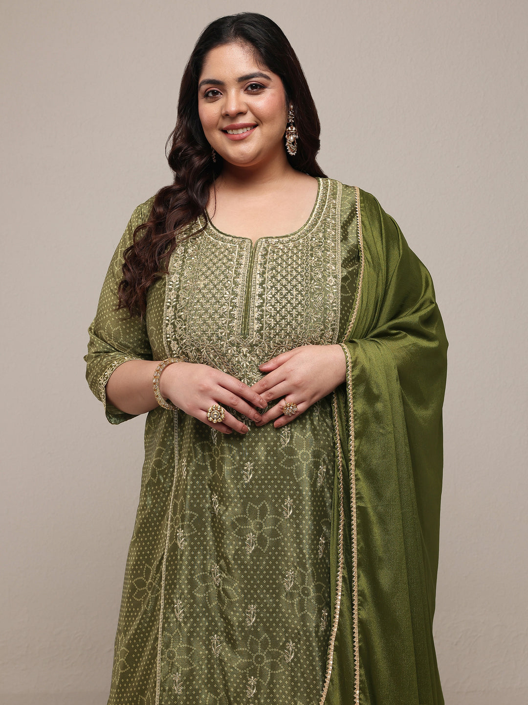 Plus Size Olive Bandhani Embroidered Silk Blend Straight Suit Set With Dupatta