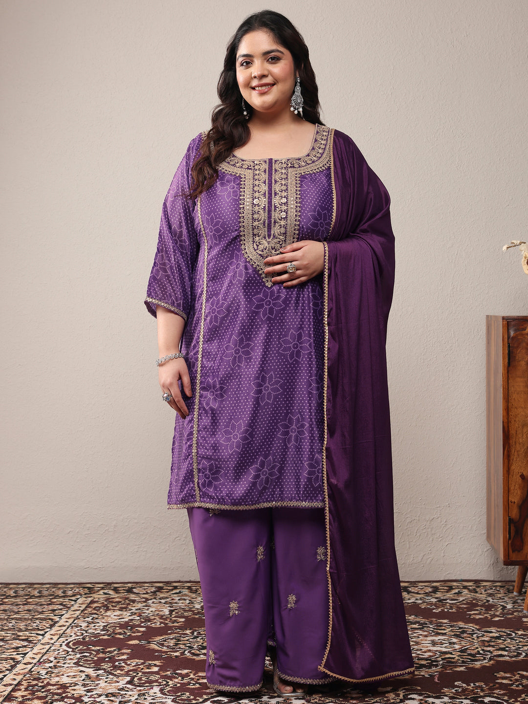 Plus Size Purple Bandhani Embroidered Silk Blend Straight Suit Set With Dupatta