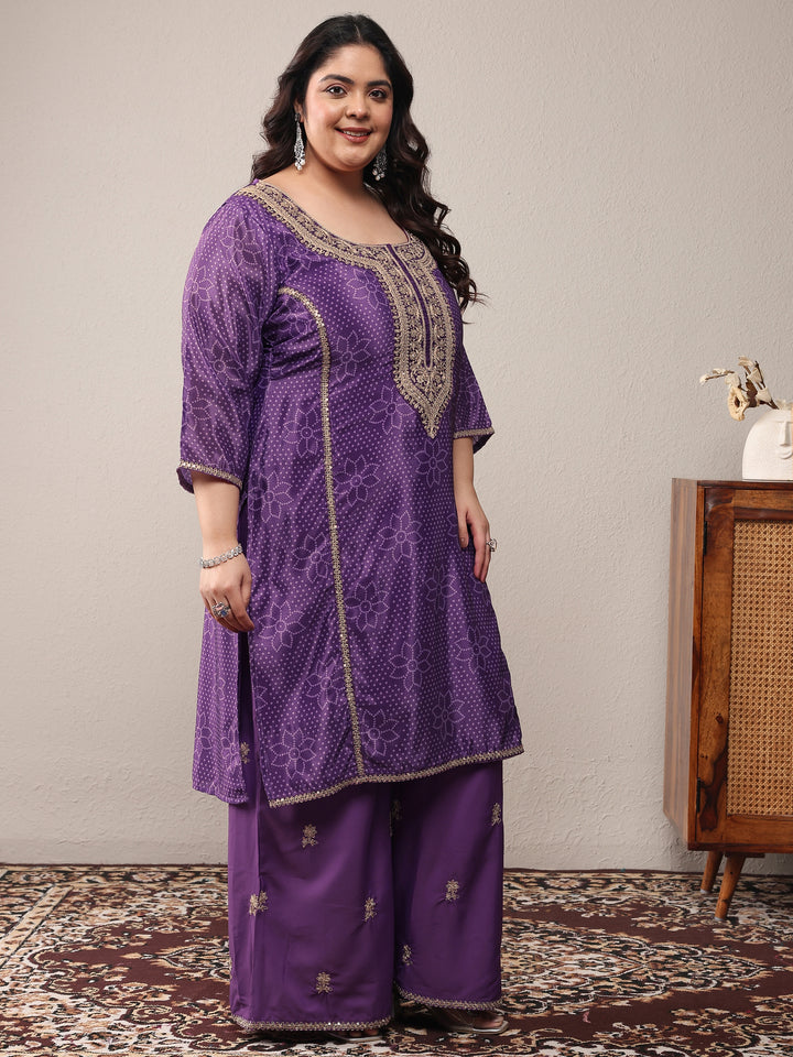 Plus Size Purple Bandhani Embroidered Silk Blend Straight Suit Set With Dupatta