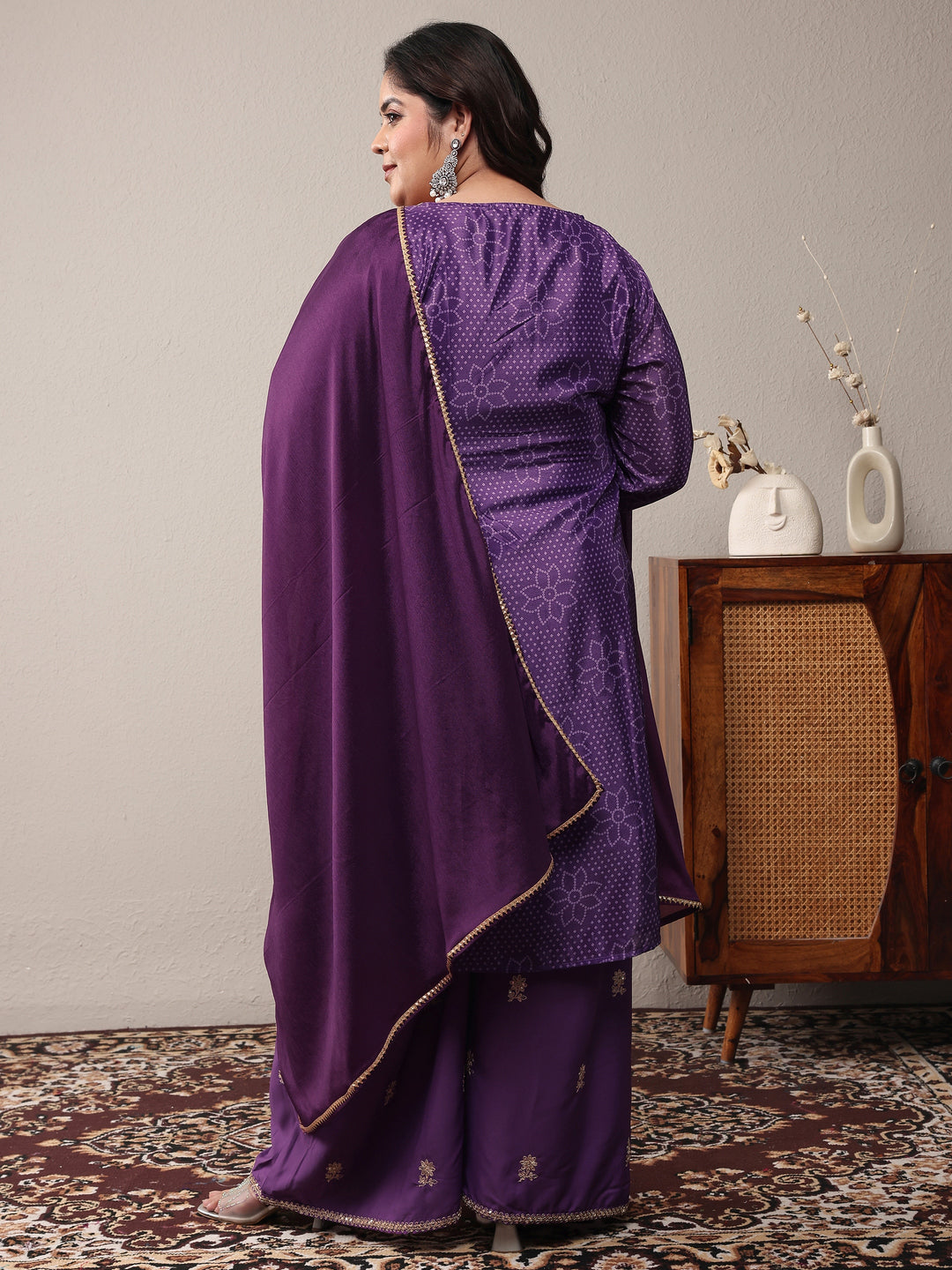 Plus Size Purple Bandhani Embroidered Silk Blend Straight Suit Set With Dupatta