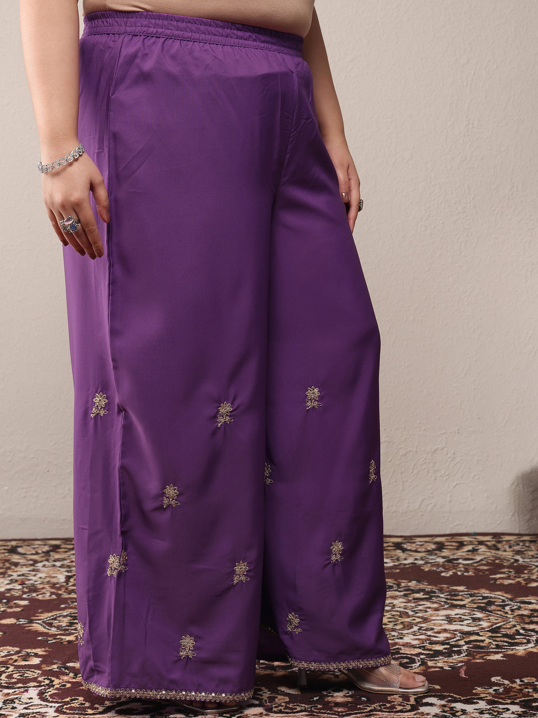 Plus Size Purple Bandhani Embroidered Silk Blend Straight Suit Set With Dupatta