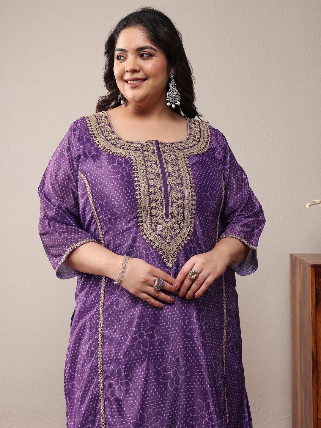 Plus Size Purple Bandhani Embroidered Silk Blend Straight Suit Set With Dupatta