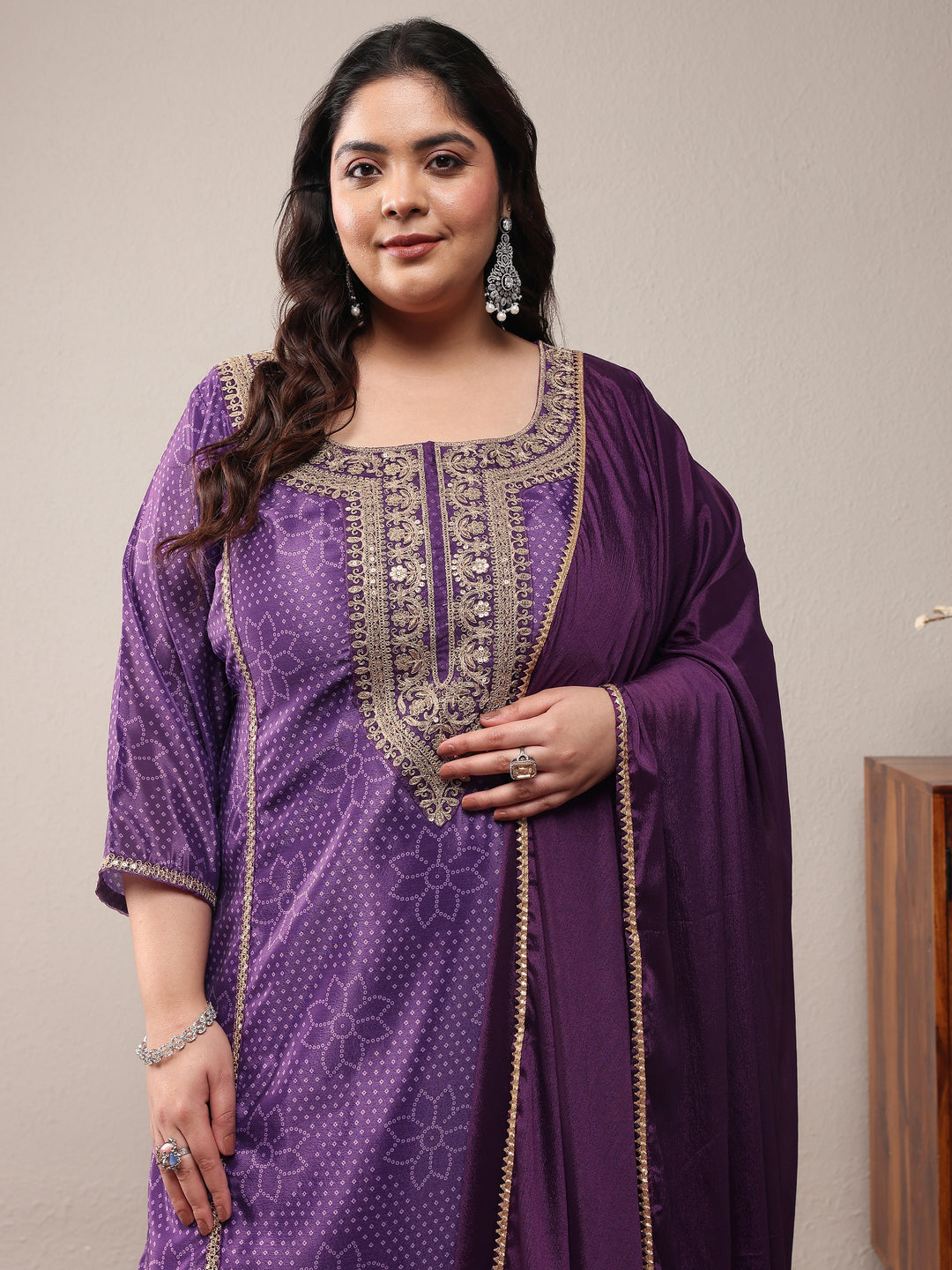Plus Size Purple Bandhani Embroidered Silk Blend Straight Suit Set With Dupatta
