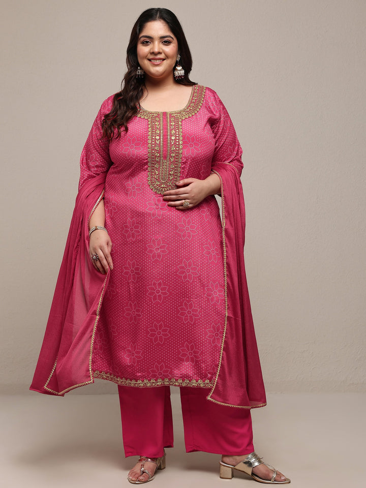 Plus Size Pink Bandhani Embroidered Silk Blend Straight Suit Set With Dupatta
