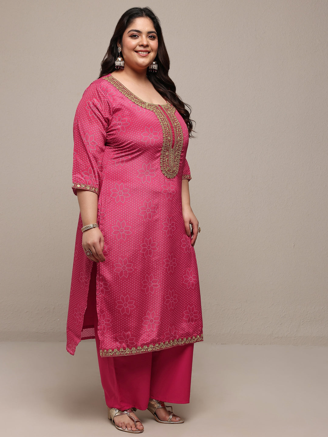Plus Size Pink Bandhani Embroidered Silk Blend Straight Suit Set With Dupatta