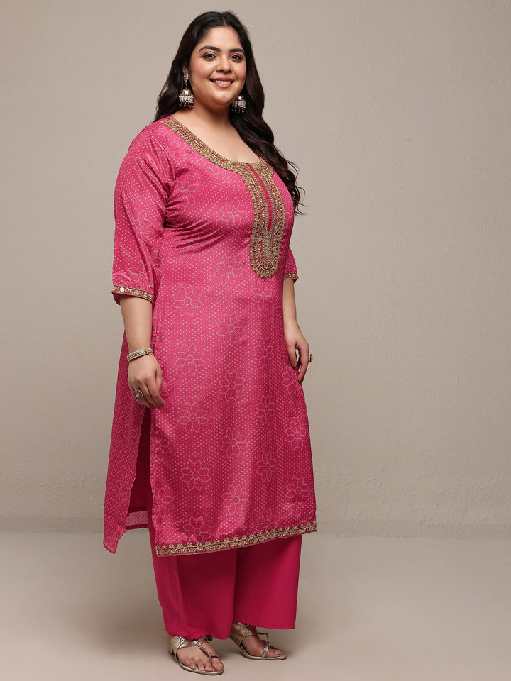 Plus Size Pink Bandhani Embroidered Silk Blend Straight Suit Set With Dupatta
