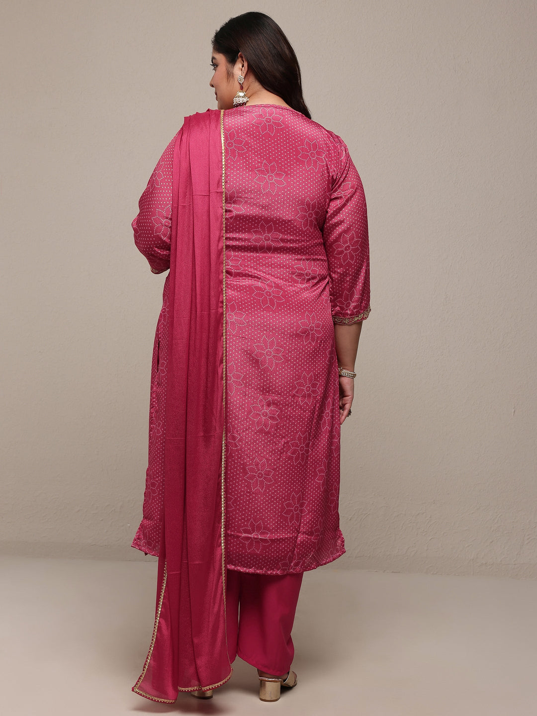Plus Size Pink Bandhani Embroidered Silk Blend Straight Suit Set With Dupatta